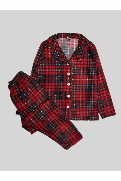 Boys' Cotton Suede Fabric Red Plaid Pattern Shirt Collar Full-Button Pajama Set