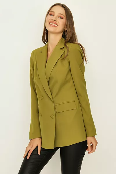 Women's Green Buttoned Double-Breasted Blazer Jacket