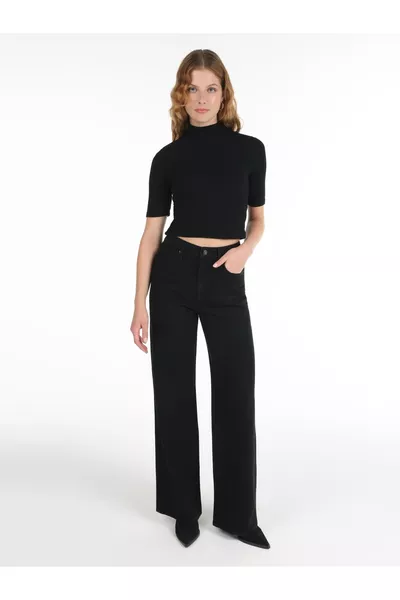  Berry Regular Fit Wide Leg High Waist Women's Black Jeans 