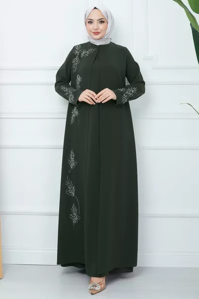 Robe pour maman grande taille avec feuilles et pierres kaki 