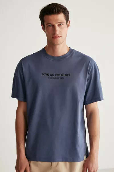 Men's Back Print Detailed Oversize % Organic Cotton Knitted Short Sleeve Navy Blue T-shirt