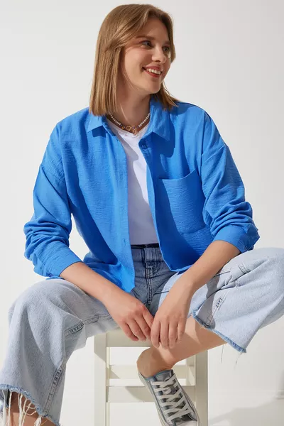 Damen Blau Oversize Leinen Ayrobin Hemd 