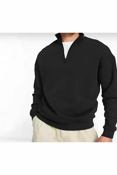 Black High Neck Half-Zip Plain Sweater