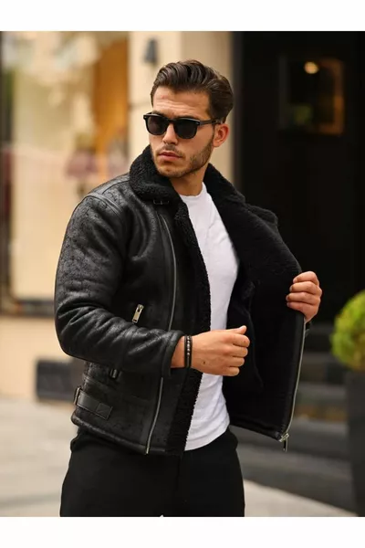 معطف وسترة رجالية من نابا الجلد مبطن بالكامل بالفرو عالي الجودة بقصة ضيقة باللون الأسود