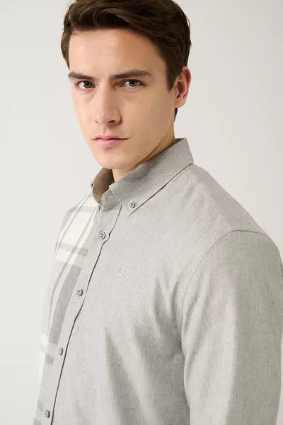 Erkek Gri Pamuklu Ekoseli Flanel Oduncu Gömlek 