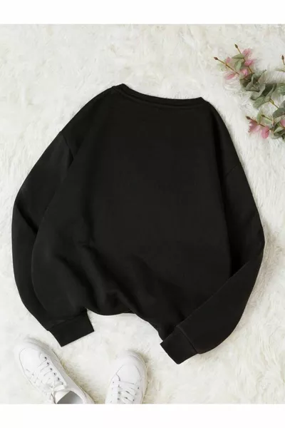 Kırmızı Minimal Kalp Sweatshirt - Siyah Baskılı Oversize Kalın Kışlık Bisiklet Yaka