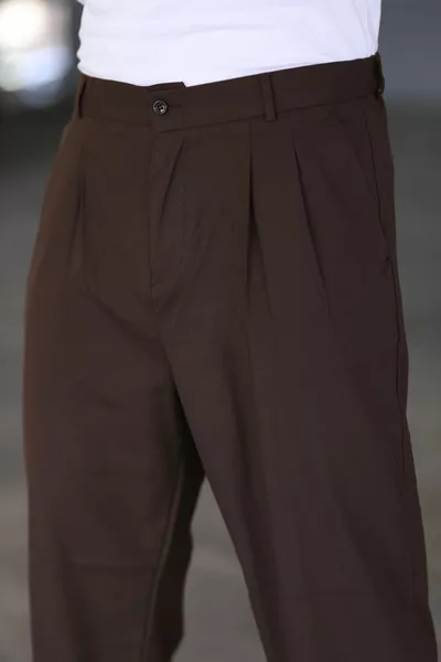 بنطال باغي بني مزدوج الطيات بخصر مطاطي، عالي الجودة، مريح، قصّة كلاسيكية واسعة الساق