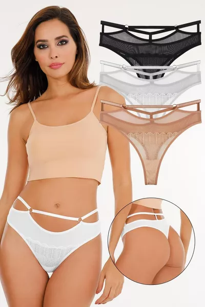 Women's Lace and Tulle Detail Drawstring Waist Thong 3-Piece Panty Set -  (PLUS SIZE)