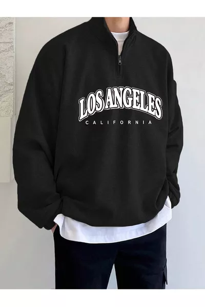 black Los Angeles printed high-neck half-zip sweater