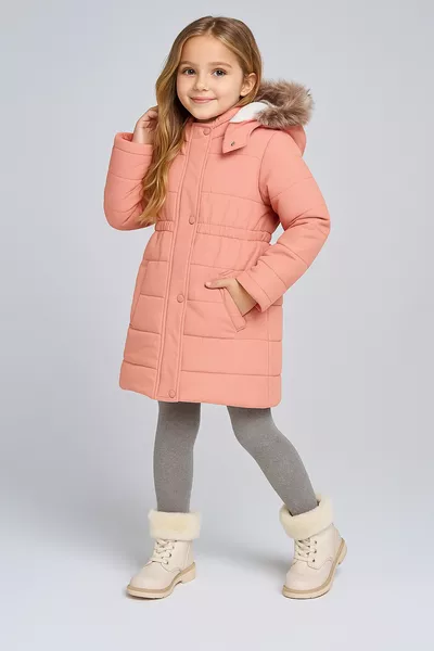 سترة بفوطة سميكة للأطفال البنات مقاومة للماء والرياح مع قبعة، لون السلمون، شتوية فاخرة مبطنة
