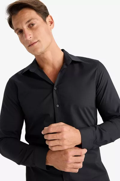 % Pamuk Slim Fit Dar Kesim İtalyan Yaka Non Iron Ütü Gerektirmeyen Uzun Kollu Gömlek SP