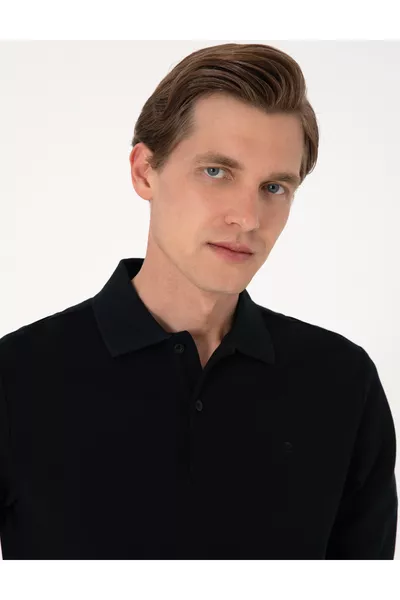 سويت شيرت بولو أسود ضيق بدون تجاعيد، قماش بيكي بسيط 