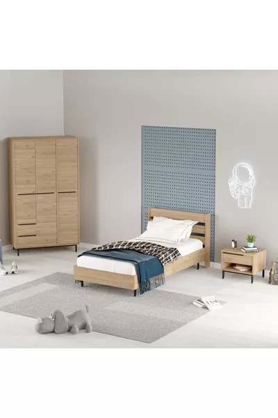 Bohem Bed, Nightstand, Wardrobe Youth Room Set 3-Piece Set Basket -S
