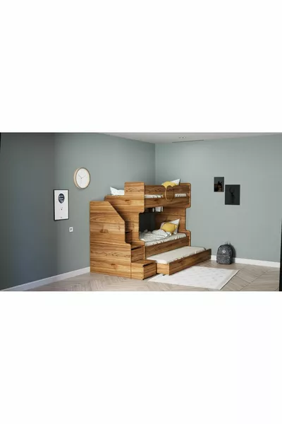 Komple 1.kalite Ahşap Renk Mdf Ranza 3 Kişilik