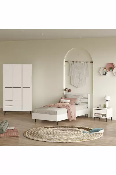 طقم غرفة نوم للشباب بوهمي سرير وطاولة جانبية وخزانة ملابس 3 قطع - أبيض -W