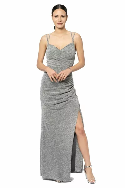 Damen Schlitz Glitter Fakuro Stoff Langes Schlitz Abendkleid Abschlusskleid Silber