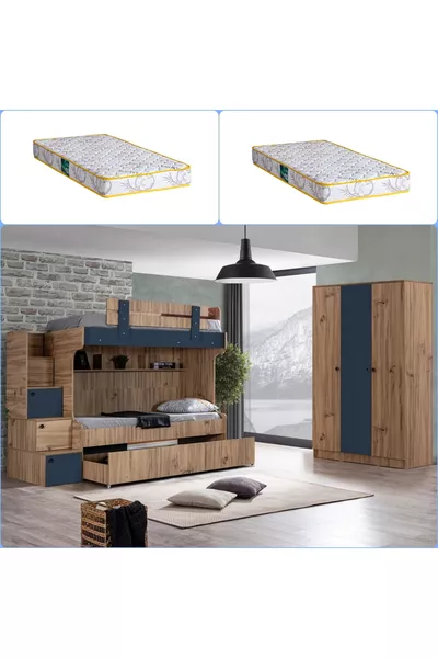 Bunk Bed, Riva Bunk Bed with 3-Door Wardrobe + 2 Comfort Mattresses