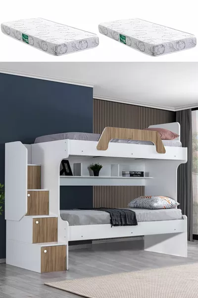 Bunk Bed, Inci 2-Piece Bunk Bed - Walnut 2 Comfort Mattresses