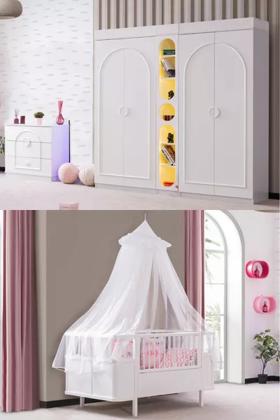 مجموعة غرفة نوم الأطفال دولوناي، خزانة دولاب بأربعة أبواب دولوناي، سرير أطفال ستار القابل للتمدد، كومودينو، مكتبة