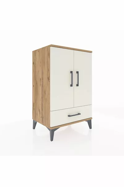 خزانة هايبرون جانبية بستاند ثلاث رفوف ودرج واحد وغطائين من خشب الصنوبر ولون الميكا