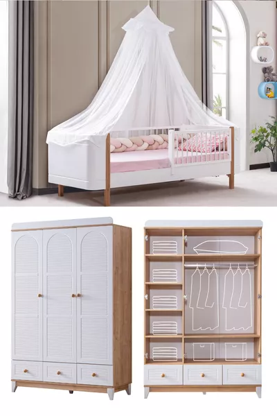 غرفة أطفال بيرلا ميشه، خزانة بيرلا جوزي بثلاث أبواب وسرير ليديا