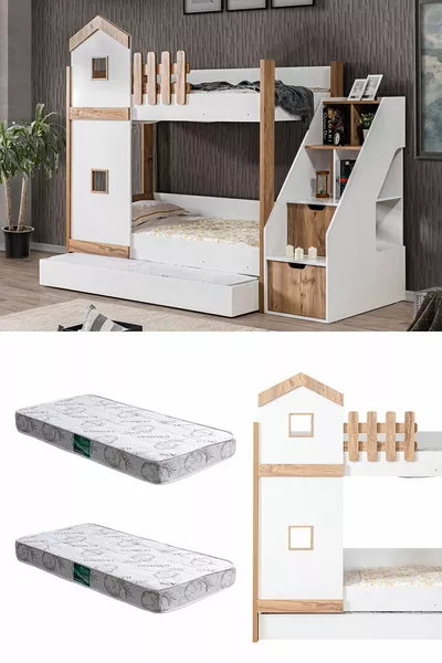 Кровать-чердак, двухъярусная кровать с матрасом Comfort, 2 штуки