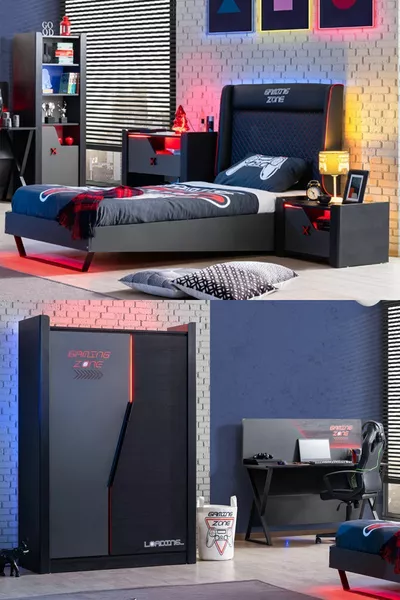 Camera da Letto Giovanile con LED per Gamer - Armadio a 2 Ante, Letto, Comodino, Scrivania, Cassettiera, Libreria