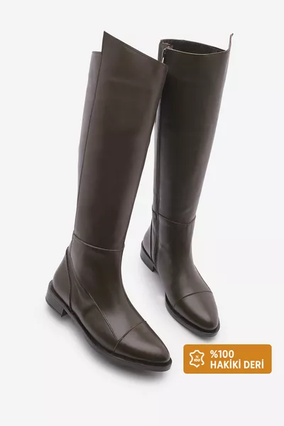 حذاء نسائي كلاسيكي من الجلد الطبيعي اليومي فوق الركبة بسحاب، لون بني أنيس