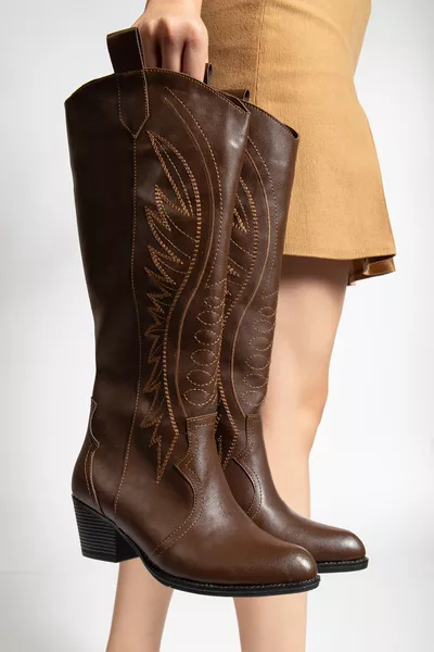 Westry Geborduurde Lange Dames Cowboylaars in Bruin