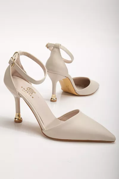 حذاء نسائي ستيلتو بكعب أنيق مدبب بلون البيج مع كعب خلفي مغلق