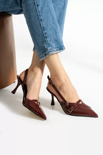 Sende Shoes Brand Double Strap Buckle Detail Burgundy Patent Leather Women's Heeled Shoes
