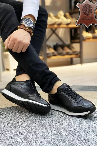 أبيض وأسود جلد طبيعي أحذية رياضية للرجال