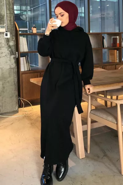 Black Hooded 3 Thread Sweat Dress