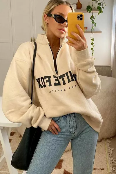 Beiges bedrucktes Sweatshirt mit Reißverschluss 