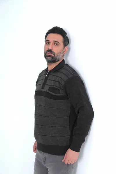 Dad Shirt Collar Acrylic Yarn Striped Single Pocket Winter Thick Men's Sweater