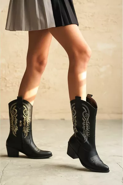 حذاء دلمار كاوبوي نسائي - جلد أسود