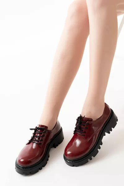  OKS Burgundy Patent Leather Lace-Up Casual High Sole Loafer Shoes