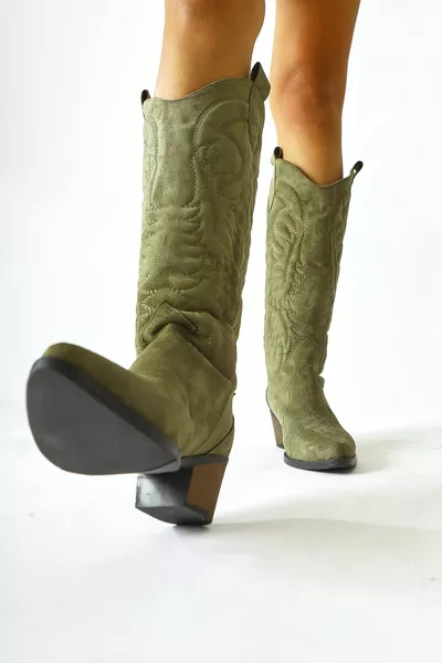 Florida Khaki Westernstiefel aus Wildleder mit Stickerei und Detaildetail