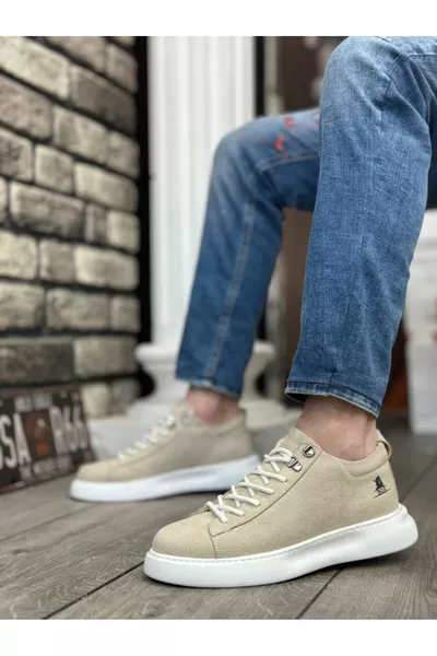  Мъжки кремави маратонки с велур с бяла подметка с връзки