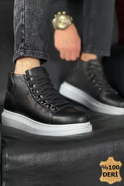 PALURI Echt Lederen Heren Laarzen ZWART/WIT - CHE