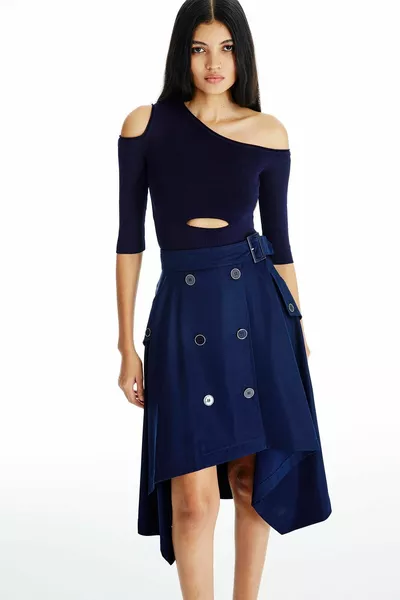Belted Navy Blue Asymmetrical Skirt