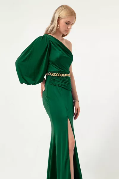 Жените изумрудено зелено едно рамо верига дълга вечерна рокля