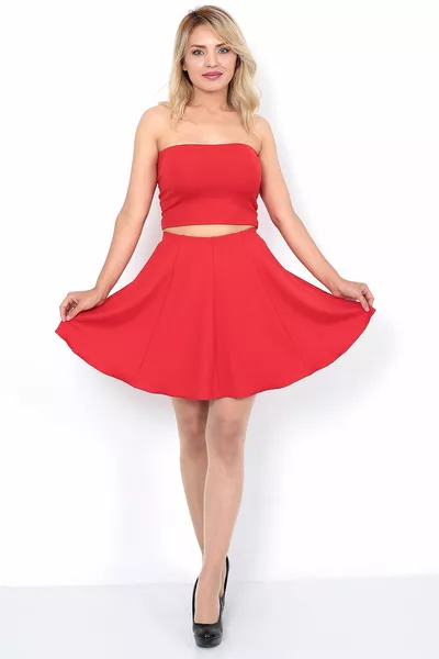 Women's Red Ribbed 8 Piece Mini Flared Skirt