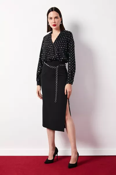 Silver Chain Pencil Skirt - BLACK