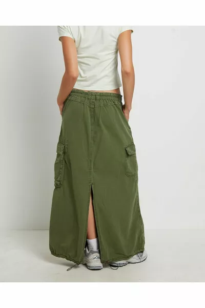 Khaki Multi-Pocket Maxi Skirt