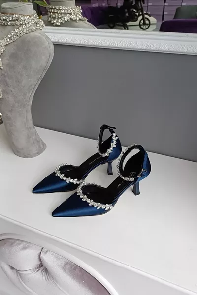 الأزرق الداكن الساتان 6 سنتيمتر الشمبانيا الكعب حزام الكاحل مزدوجة Waterway الحجر مساء اللباس الخنجر أحذية نسائية