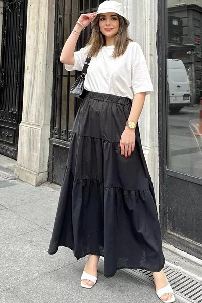 Women's Black Asymmetrical Cut, Elasticated Waist, Ruffled Ply Fabric, Long Cotton Skirt