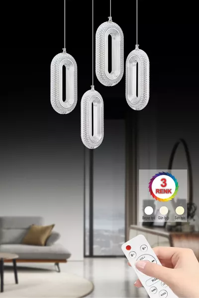 Led Alfa 4-Light Silver Modern Chandelier with Crystal Stones, 3-Color LED and Remote Control