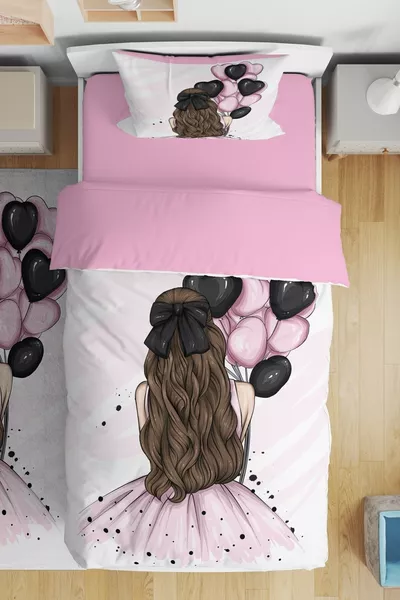 Bettwäsche-Set für Kinder und Babys mit Einhorn-Mädchen-Motiv und rosa Luftballons, Einzelbettgröße