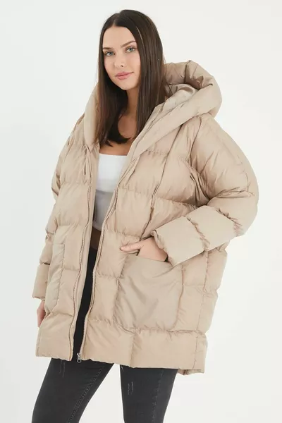 Women's Oversized Beige Puffer Jacket with Hoodie
